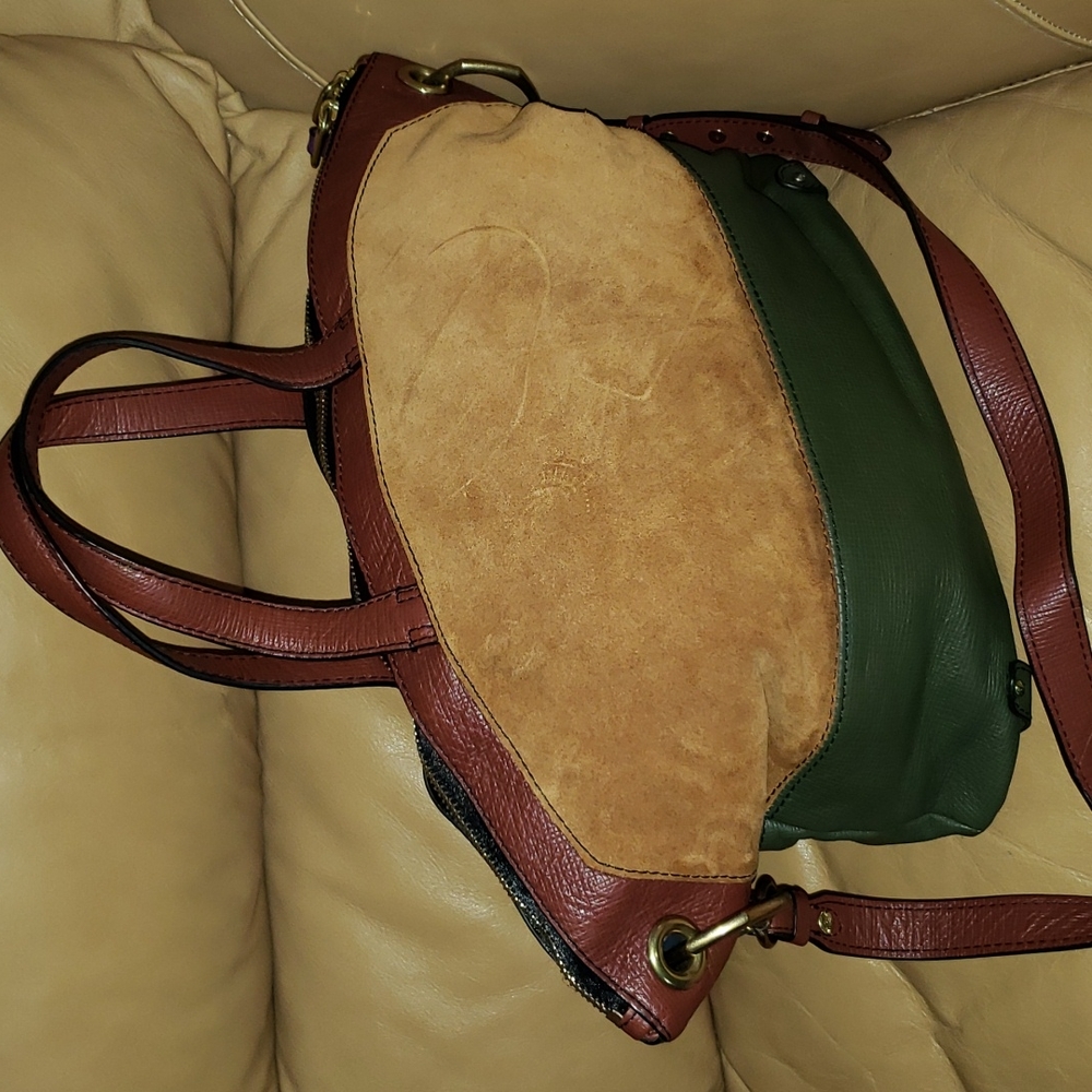 orYANY Suede and Leather Colorblock Satchel in Tan, Brown, and Green - Picture 4 of 13